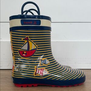 Kamik Kids Nautical Rain Boots Blue‎ Yellow Striped Sailboat Toddler Size 2 NWOT